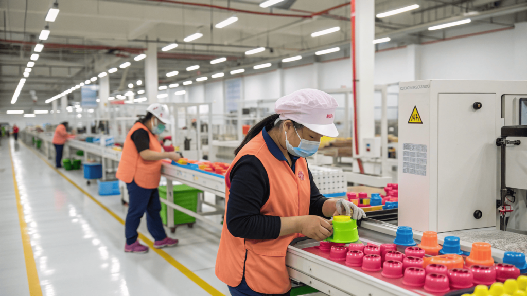 A close-up of a hand inspecting a silicone adult toy, emphasizing quality control in a Chinese factory