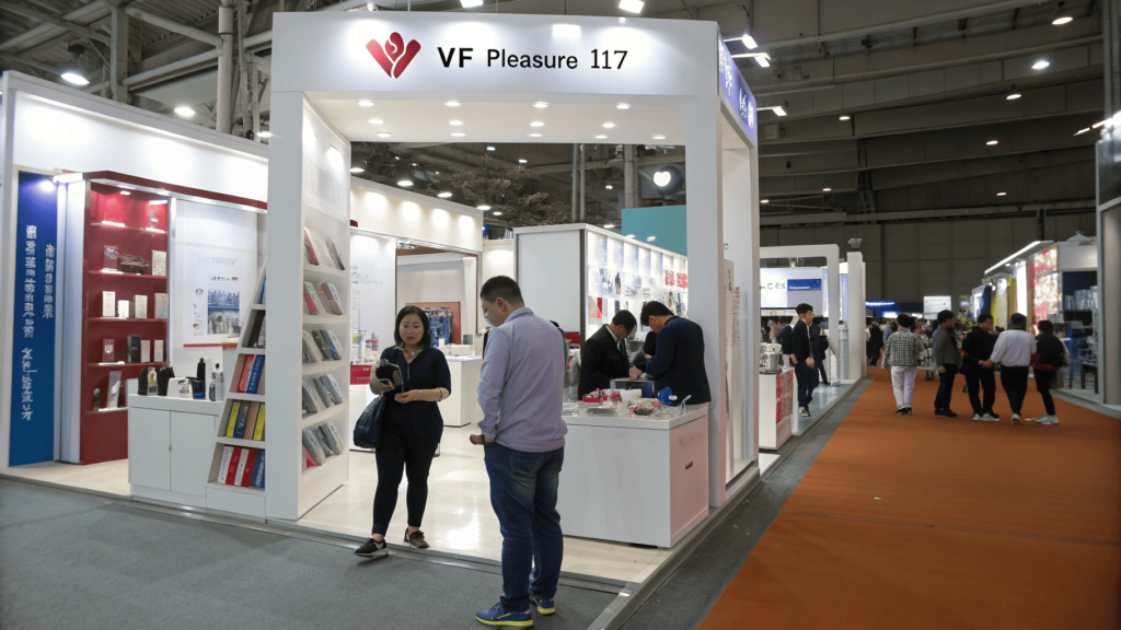 A bustling scene from the China Adult Products Expo, with people networking and exploring various booths