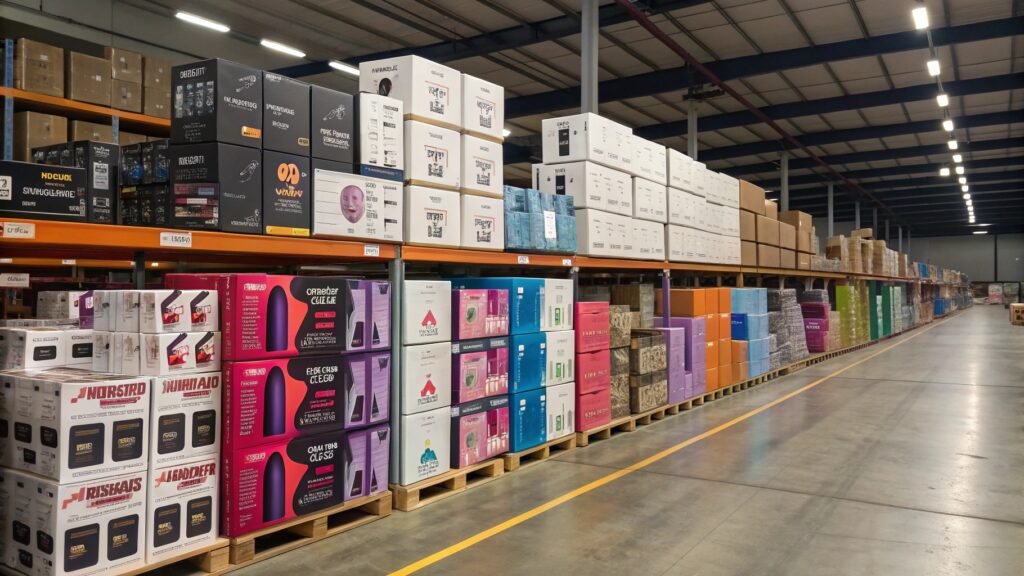 bulk sex toys in production facility wholesale adult toys stacked in factory warehouse