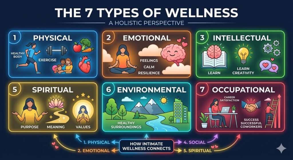 wellness dimensions framework seven types of wellness diagram