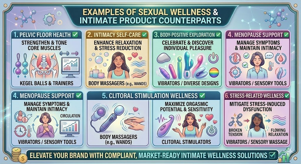 Sexual Wellness Examples: Pelvic Health, Intimacy, Self-Care and Female Wellness Devices Examples of sexual wellness products including pelvic health devices female wellness and body massagers