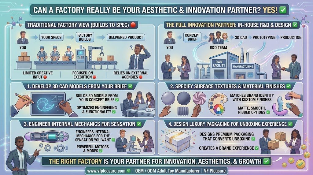 Can a Factory Really Be Your Aesthetic and Innovation Partner? VF Pleasure In-House Design OEM ODM Adult toy factory innovation aesthetic partner in-house design team OEM ODM custom vibrator luxury packaging