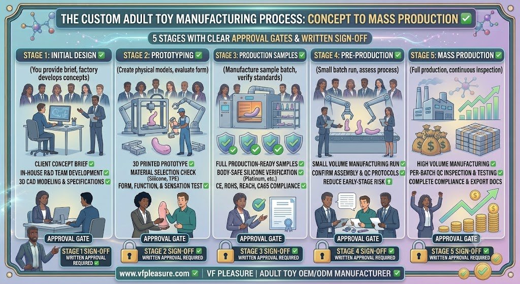 Custom Adult Toy Manufacturing Process — Five Stages from Concept to Mass Production Custom adult toy manufacturing process stages 3D CAD prototype sample approval mass production guide