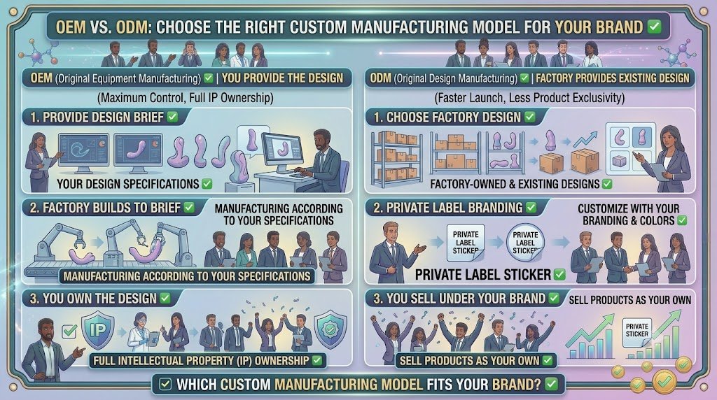 OEM vs ODM Custom Adult Toy Manufacturing — Which Model Fits Your Brand? OEM vs ODM adult toy manufacturing model comparison custom sex toys brand IP ownership guide