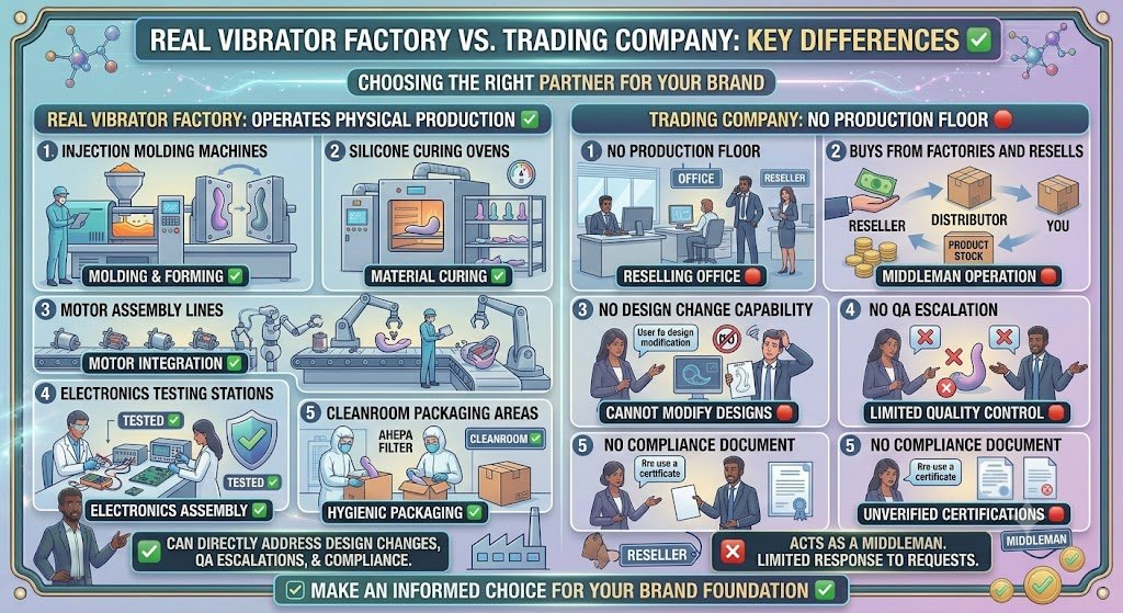 What Separates a Real Vibrator Factory from a Trading Company — Production Floor Cleanroom Verification Real vibrator factory vs trading company production floor cleanroom adult toy manufacturer verification