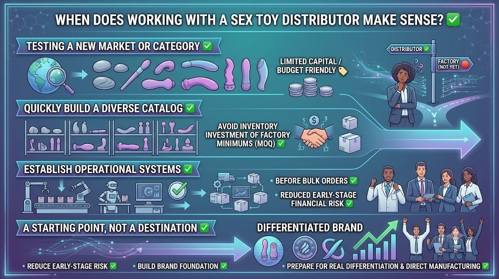When Does Working with a Sex Toy Distributor Make Sense? Low Capital Testing Market Entry Guide When sex toy distributor makes sense new brand testing low capital wholesale adult novelty flexible minimum order