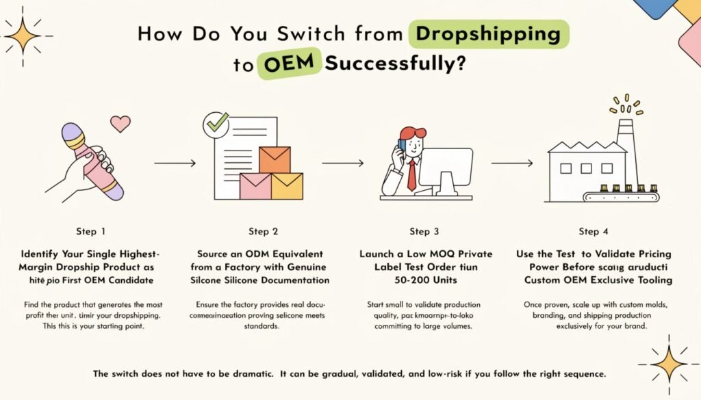 How to Switch from Dropshipping to OEM Sexual Wellness Brand — Four Steps Low MOQ Private Label Guide Switch from dropshipping sex toys to OEM sexual wellness brand four steps low MOQ private label factory guide