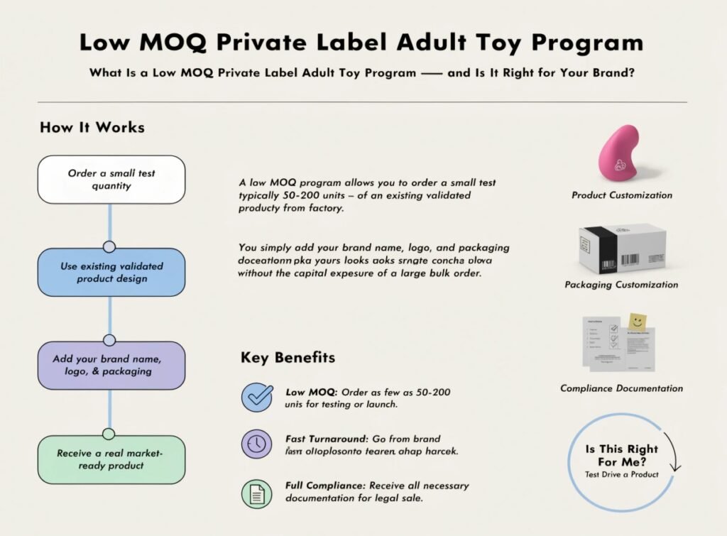 What Is a Low MOQ Private Label Adult Toy Program — Definition ODM Factory Custom Branding Guide Low MOQ private label adult toy program definition ODM factory existing design custom branding compliance