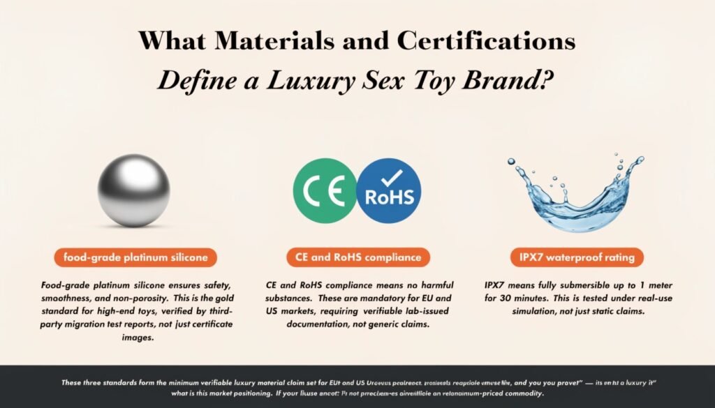 What Materials and Certifications Define a Luxury Sex Toy Brand — Food-Grade Silicone CE RoHS IPX7 Guide Luxury sex toy brand materials certifications food-grade silicone CE RoHS IPX7 waterproof body-safe guide