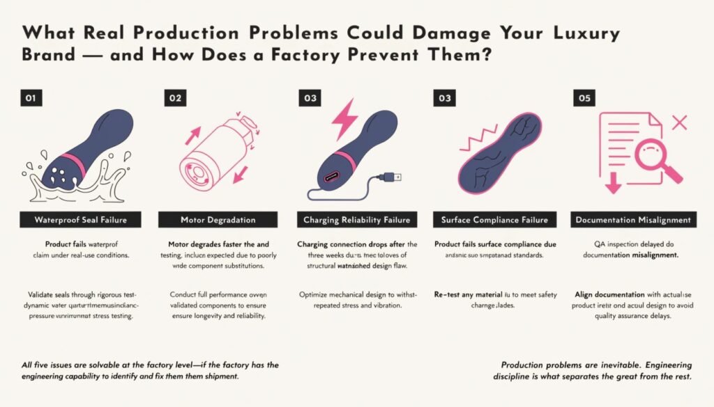 Real Production Problems That Could Damage Your Luxury Sex Toy Brand — Factory Engineering Prevention Guide Real production problems luxury sex toy brand damage prevention factory engineering waterproof motor charging compliance