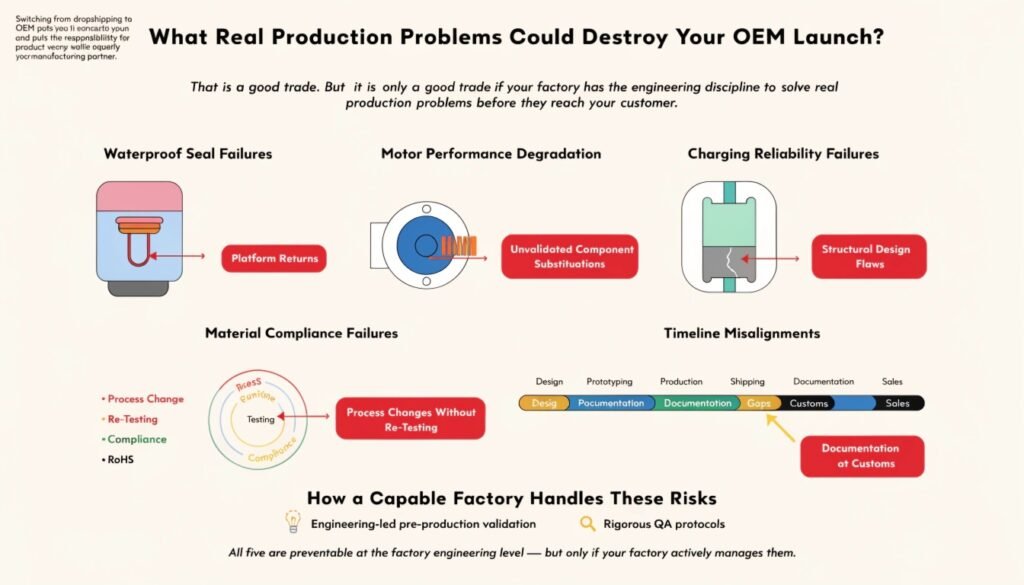 Real Production Problems That Could Destroy Your OEM Sexual Wellness Launch — Factory Engineering Prevention Guide Real production problems OEM adult toy launch waterproof motor charging compliance timeline factory engineering prevention