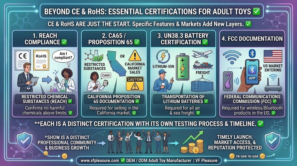 What Other Certifications Do You Need Beyond CE and RoHS for Adult Toys? Additional certifications adult toys REACH CA65 UN38.3 battery FCC wireless US market compliance requirements 2026