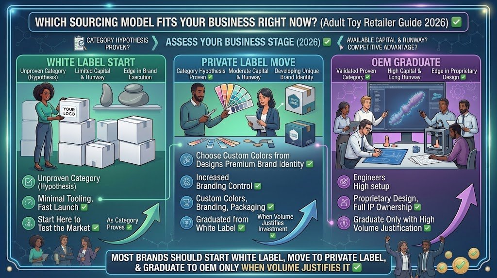 Which Adult Toy Sourcing Model Fits Your Business Right Now? Decision Framework for Retailers Adult toy sourcing model decision framework white label private label OEM business stage validation capital runway