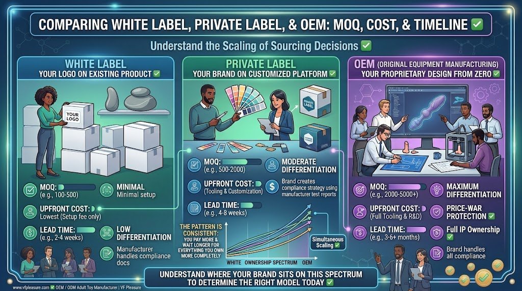 How White Label, Private Label, and OEM Compare on MOQ, Cost, Lead Time, and Brand Differentiation Adult toy white label private label OEM MOQ cost lead time brand differentiation comparison table 2026