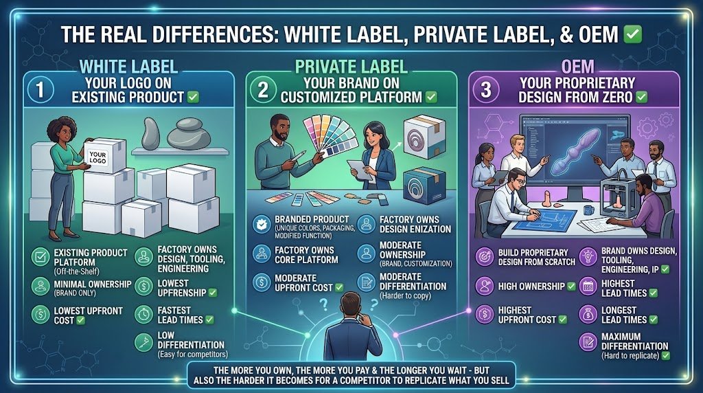 What Is the Real Difference Between Private Label, White Label, and OEM Adult Toys? Adult toy white label private label OEM difference brand ownership design IP MOQ factory model comparison