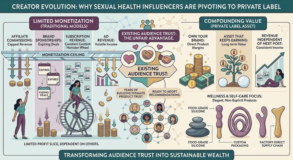 Why Sexual Health Influencers Pivot to Private Label Adult Toys — Creator Economy Monetization Affiliate Commission Comparison Sexual health influencer private label adult toy brand pivot monetization affiliate commission creator economy sexual wellness