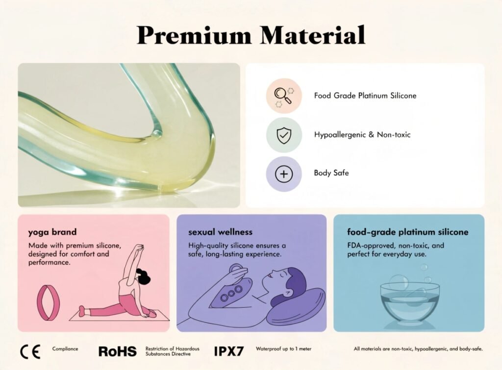 Material Standards Your Yoga Lifestyle Brand Must Demand for Sexual Wellness Products — Food-Grade Silicone CE RoHS IPX7 Material standards yoga brand sexual wellness food-grade platinum silicone CE RoHS IPX7 compliance body-safe