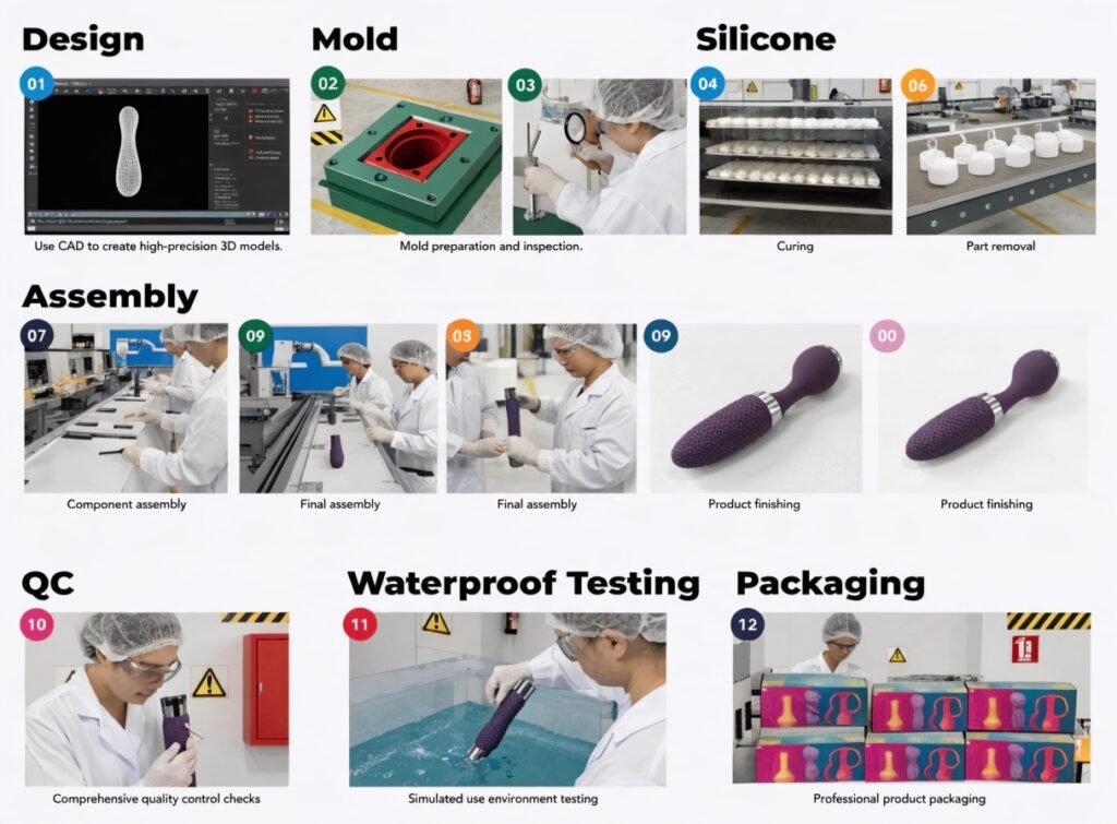 What Does a Real Adult Toy Factory's 12-Step Production Process Look Like — Stages Design Mold Assembly QC Guide Real adult toy factory 12-step production process stages design mold silicone assembly QC waterproof testing packaging