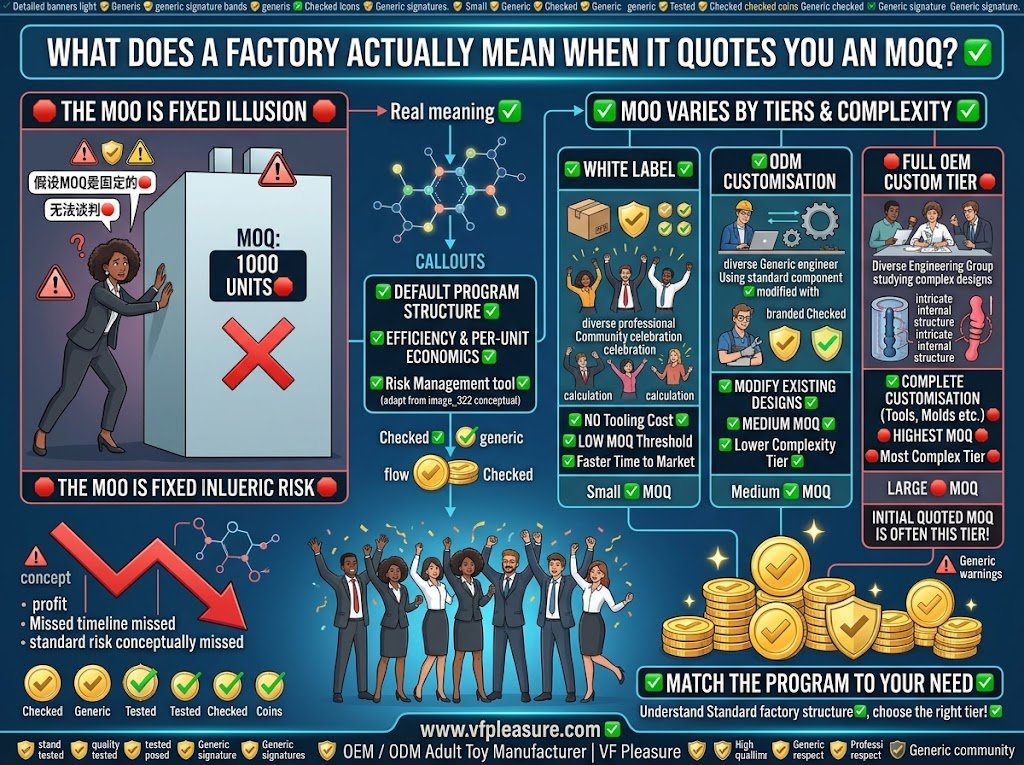 What Does a Factory Actually Mean When It Quotes You an MOQ? Adult toy factory MOQ tiers white label ODM OEM difference production program buyer quote