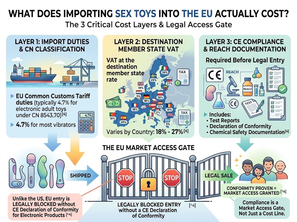 Importing Sex Toys into the EU — Customs Tariff VAT CE Compliance REACH Cost Stack Guide Import sex toys European Union EU customs tariff VAT CE compliance REACH documentation cost market access