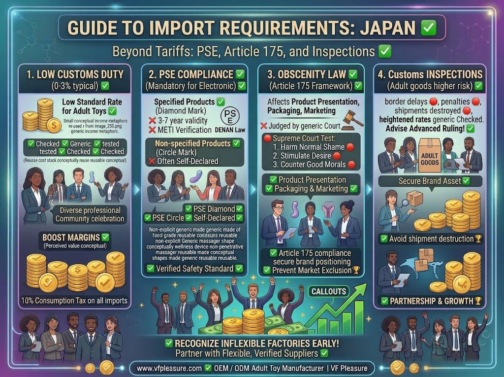 Importing Sex Toys to Japan — PSE Compliance Customs Duty Obscenity Law Requirements Guide Import sex toys Japan PSE compliance customs duty obscenity law Article 175 documentation inspection rate