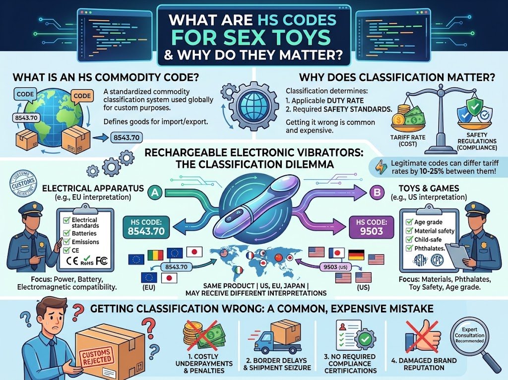 HS Codes for Sex Toys — Why Classification Determines Your Tariff Rate and Compliance Requirements Sex toy HS code classification tariff rate HTS 8543 9503 customs authority market specific