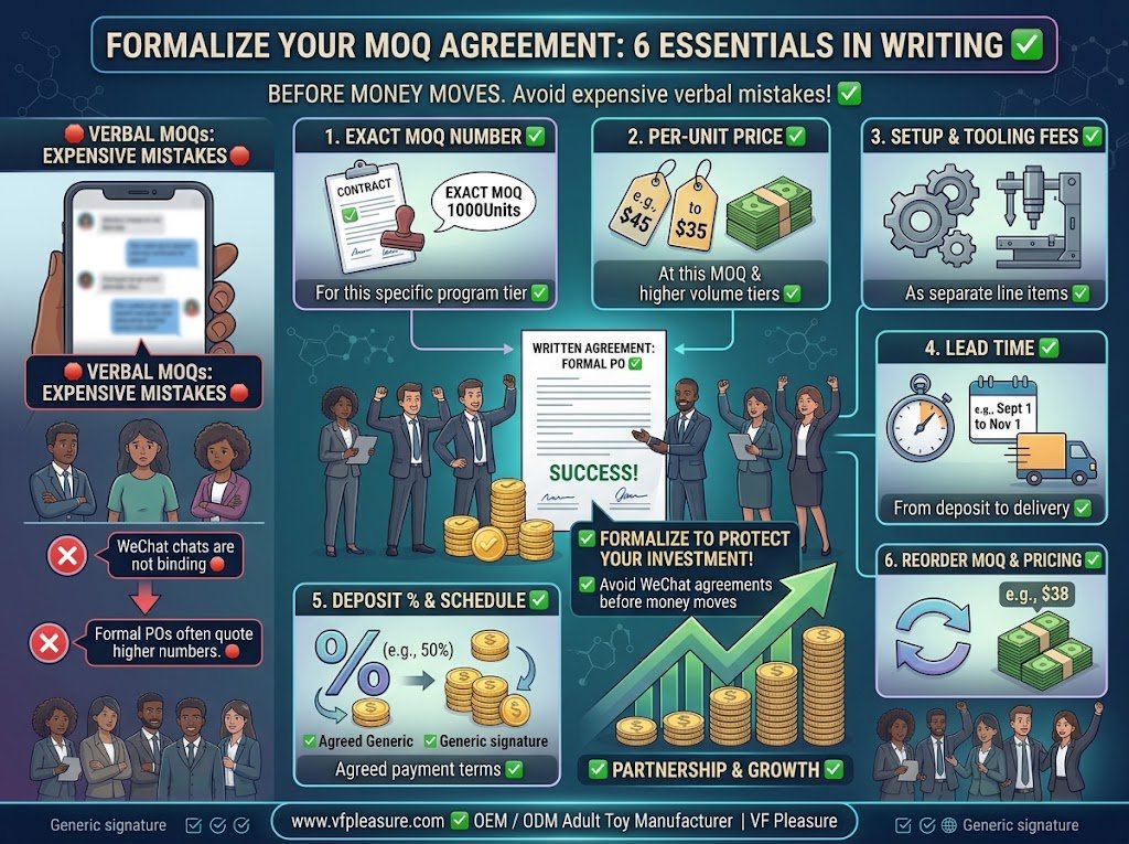 What Must Be in Writing Before You Agree to Any MOQ with an Adult Toy Manufacturer? Written agreement before MOQ adult toy manufacturer six items MOQ price setup fee lead time deposit reorder
