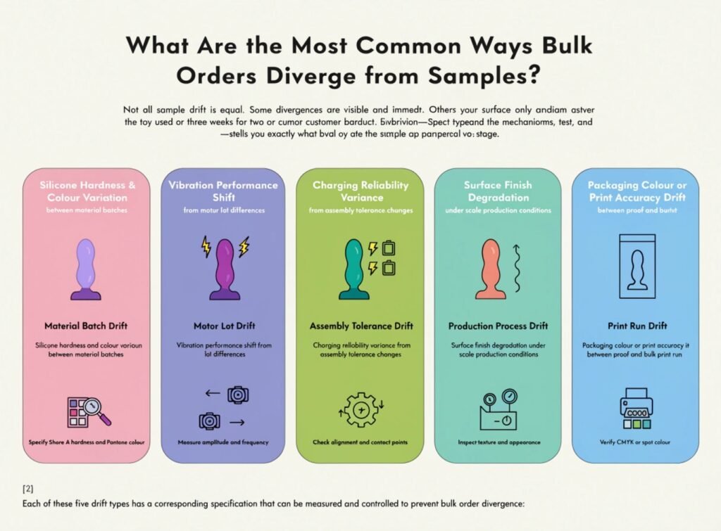 Most Common Ways Adult Toy Bulk Orders Diverge from Samples — Silicone Motor Charging Surface Packaging Drift Adult toy bulk order diverges from sample silicone hardness vibration motor charging surface packaging drift types