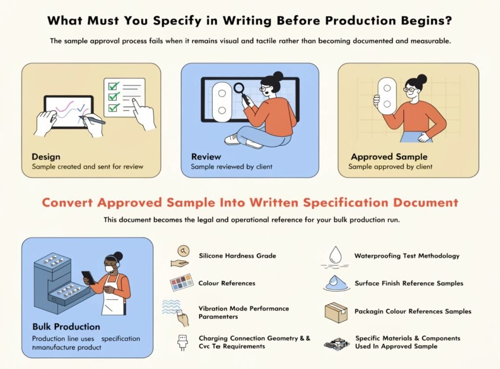 What to Specify in Writing Before Adult Toy Bulk Production — Eight-Element Specification Document Written specification document before production adult toy silicone hardness vibration charging waterproofing packaging colour