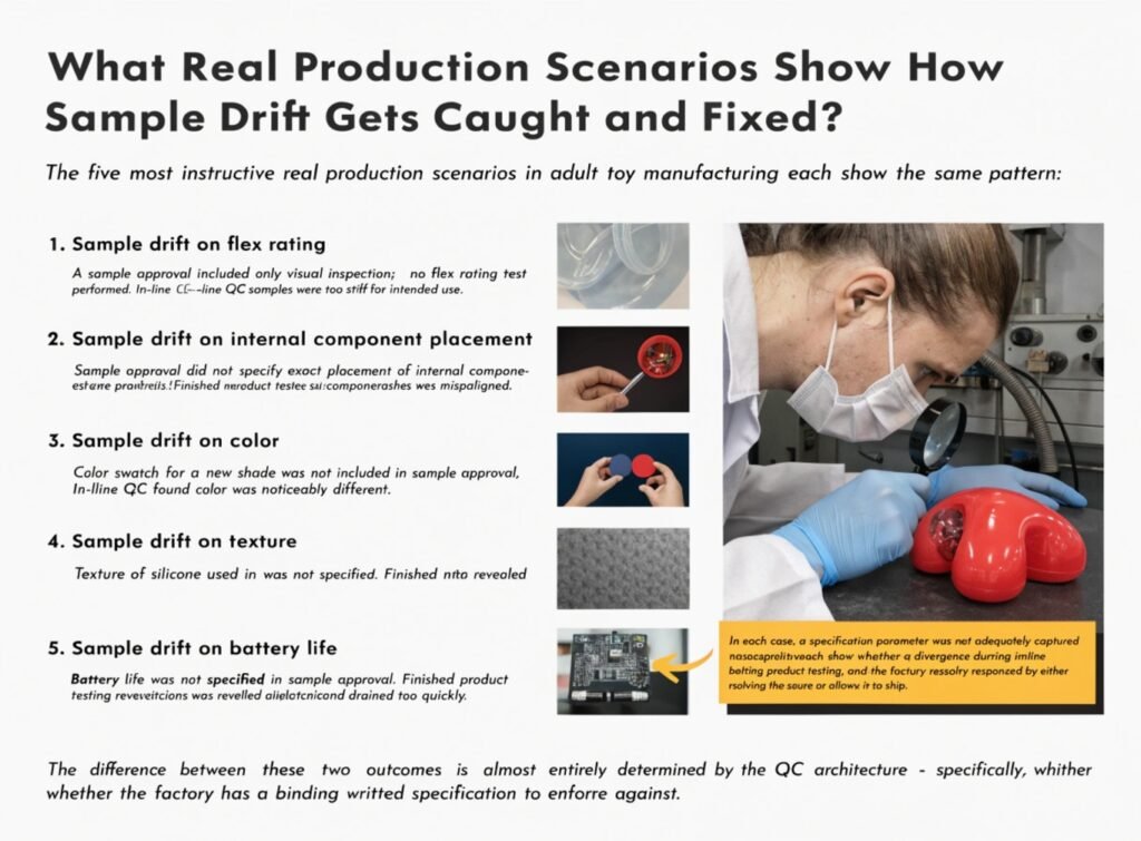 Real Production Scenarios That Show How Sample Drift Gets Caught and Fixed in Adult Toy Manufacturing Real production scenarios adult toy sample drift waterproof motor charging color packaging factory QC response
