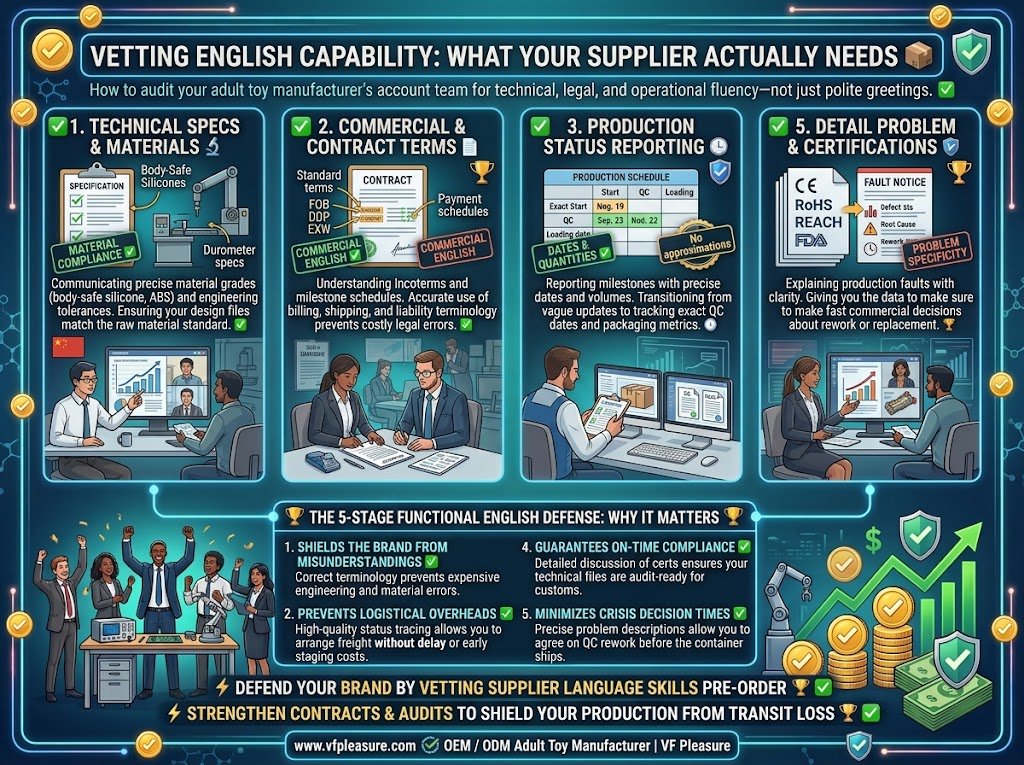 What English Language Capability Your Adult Toy Supplier Actually Needs — Five Content Areas English language capability adult toy supplier technical compliance commercial production problem escalation five areas