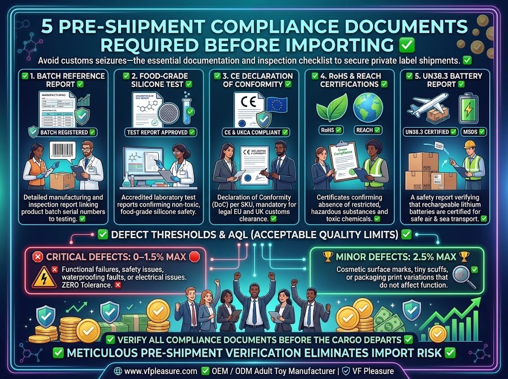 What Compliance Documents Must Be Present Before Your Private Label Sex Toy Shipment Is Released Compliance documents pre-shipment private label sex toy food-grade silicone CE RoHS UN38.3 batch reference