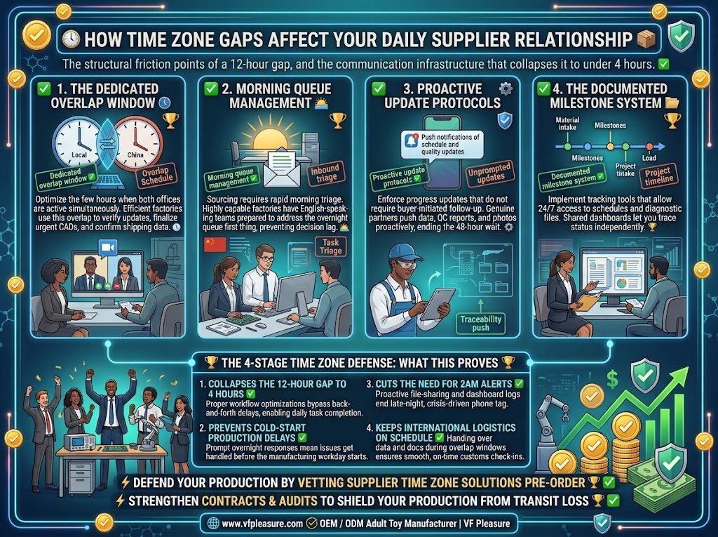 How Time Zone Affects Your Adult Toy Supplier Relationship — Collapsing the 12-Hour Gap Time zone China adult toy supplier 12-hour gap account manager message queue production milestone buyer friction