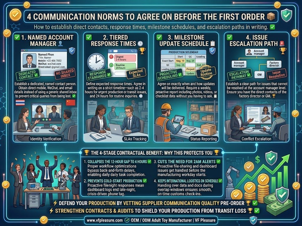 Communication Norms to Agree on Before Your First Adult Toy Order — Account Manager Response Milestone Escalation Communication norms adult toy supplier before first order account manager response time milestone update escalation path