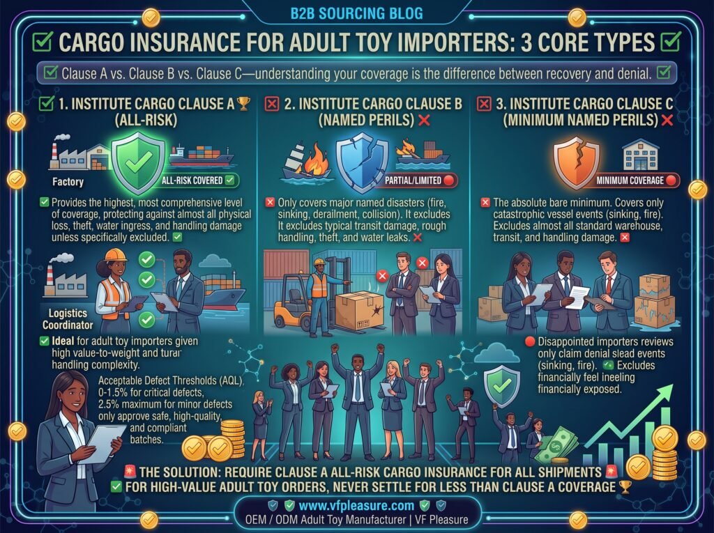 Cargo Insurance Types Adult Toy Importers Need to Know — ICC A B C Coverage Comparison Cargo insurance types Institute Cargo Clause A B C adult toy importer all-risk named perils minimum coverage