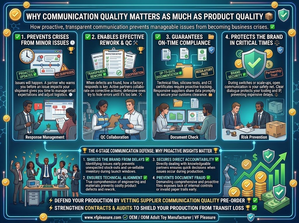 Why Communication Quality Matters as Much as Product Quality With Adult Toy Suppliers Communication quality adult toy supplier equals product quality problem proactive defensive culture visible before order