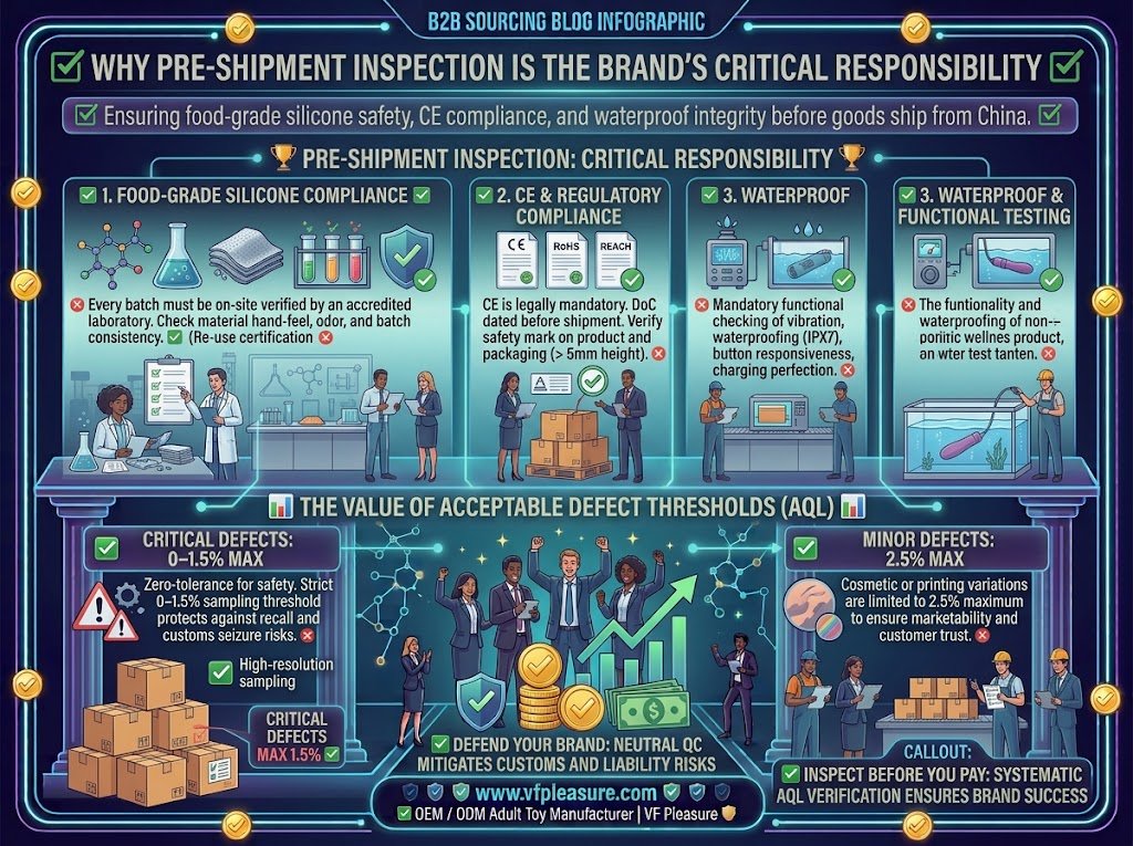 Why Pre-Shipment Inspection Is Critical for Private Label Sex Toy Orders Pre-shipment inspection critical private label sex toy brand responsibility food-grade silicone CE waterproof compliance