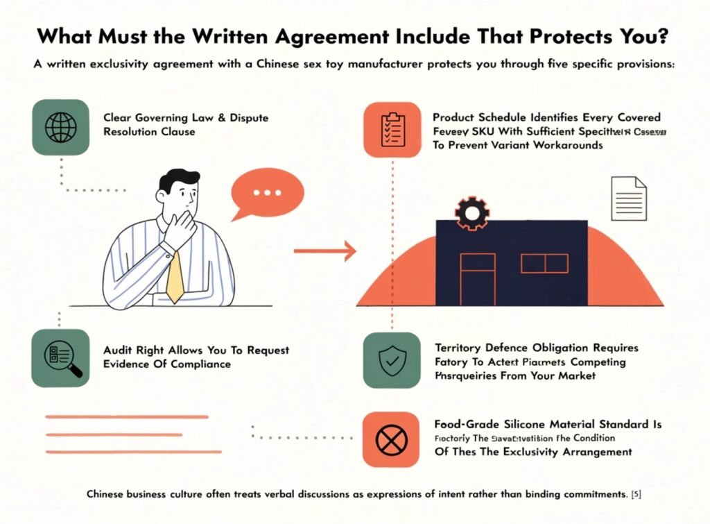 What Your Written Exclusivity Agreement Must Include to Protect You Written exclusivity agreement adult toy manufacturer governing law product schedule audit right territory defence food-grade silicone