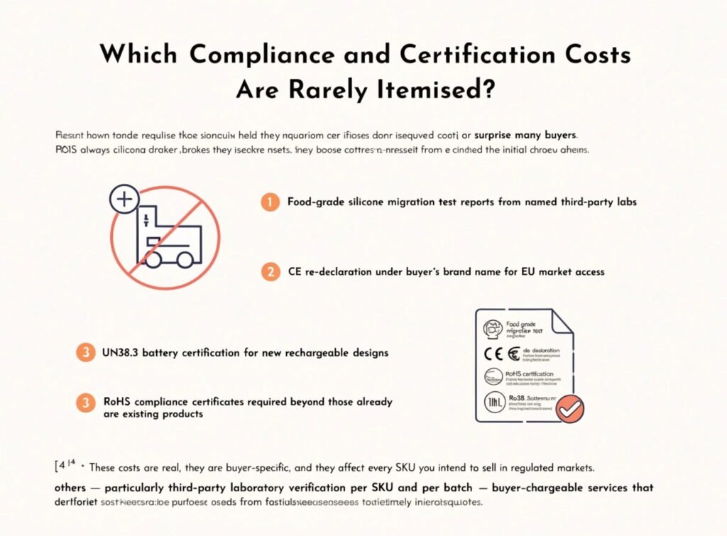 Which Compliance and Certification Costs Are Rarely Itemised in Sex Toy Factory Quotes? Compliance certification costs adult toy factory quote food-grade silicone CE RoHS UN38.3 third-party lab